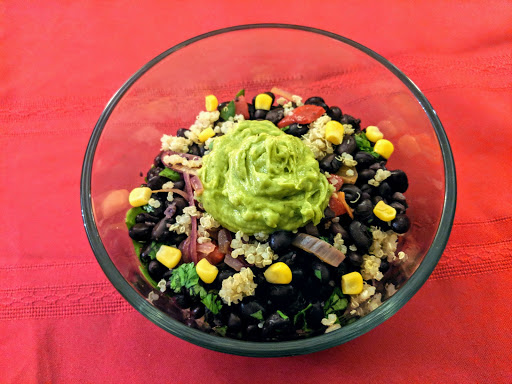 Vegetarian Bowl: Beans, spinach, quinoa, corn, peppers, onions &amp; guacamole